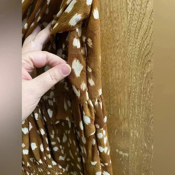 Zara Woman Ruffled Long Sleeve Brown White Polka Dot Animal Print Dress Size XS - Picture 12 of 13